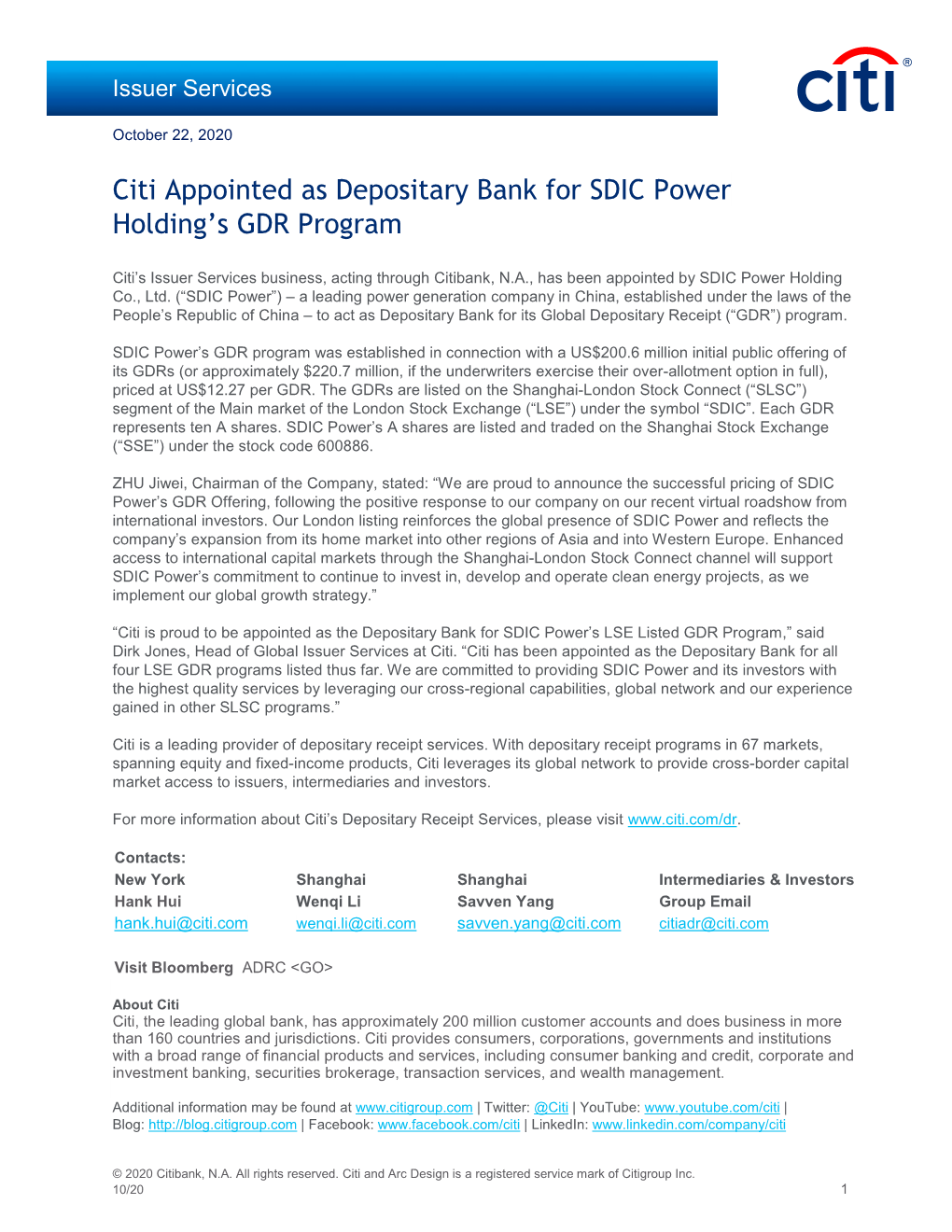 Citi Appointed As Depositary Bank for SDIC Power Holding's GDR Program