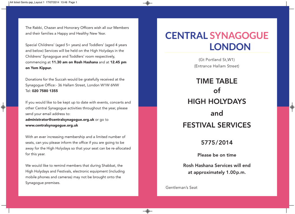 TIME TABLE of HIGH HOLYDAYS and FESTIVAL SERVICES