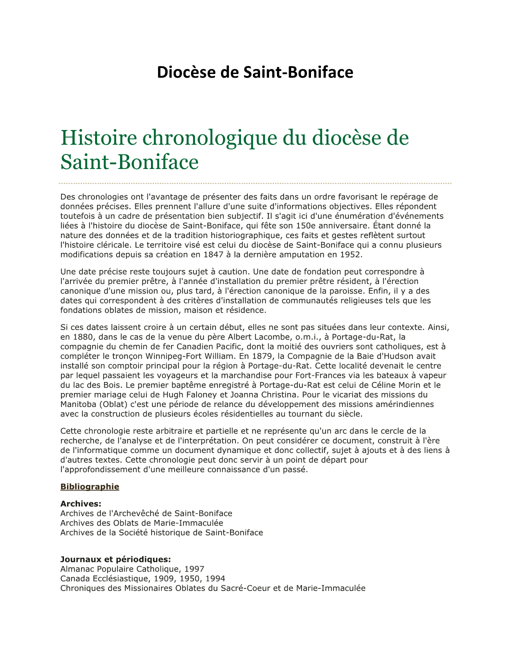 Histoire Chronologique Du Diocèse De Saint-Boniface