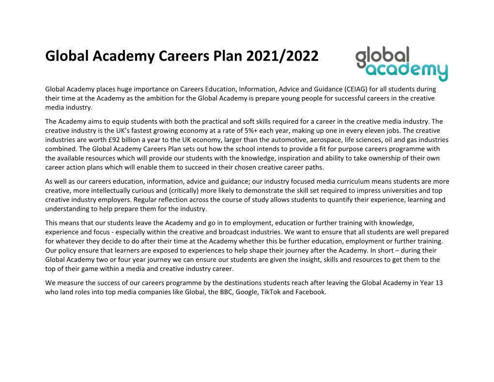 Global Academy Careers Plan 2021/2022