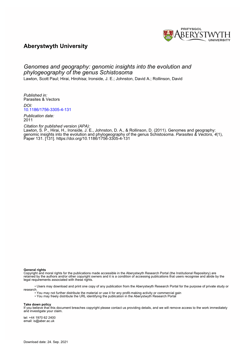 Genomic Insights Into the Evolution and Phylogeography of the Genus Schistosoma Lawton, Scott Paul; Hirai, Hirohisa; Ironside, J