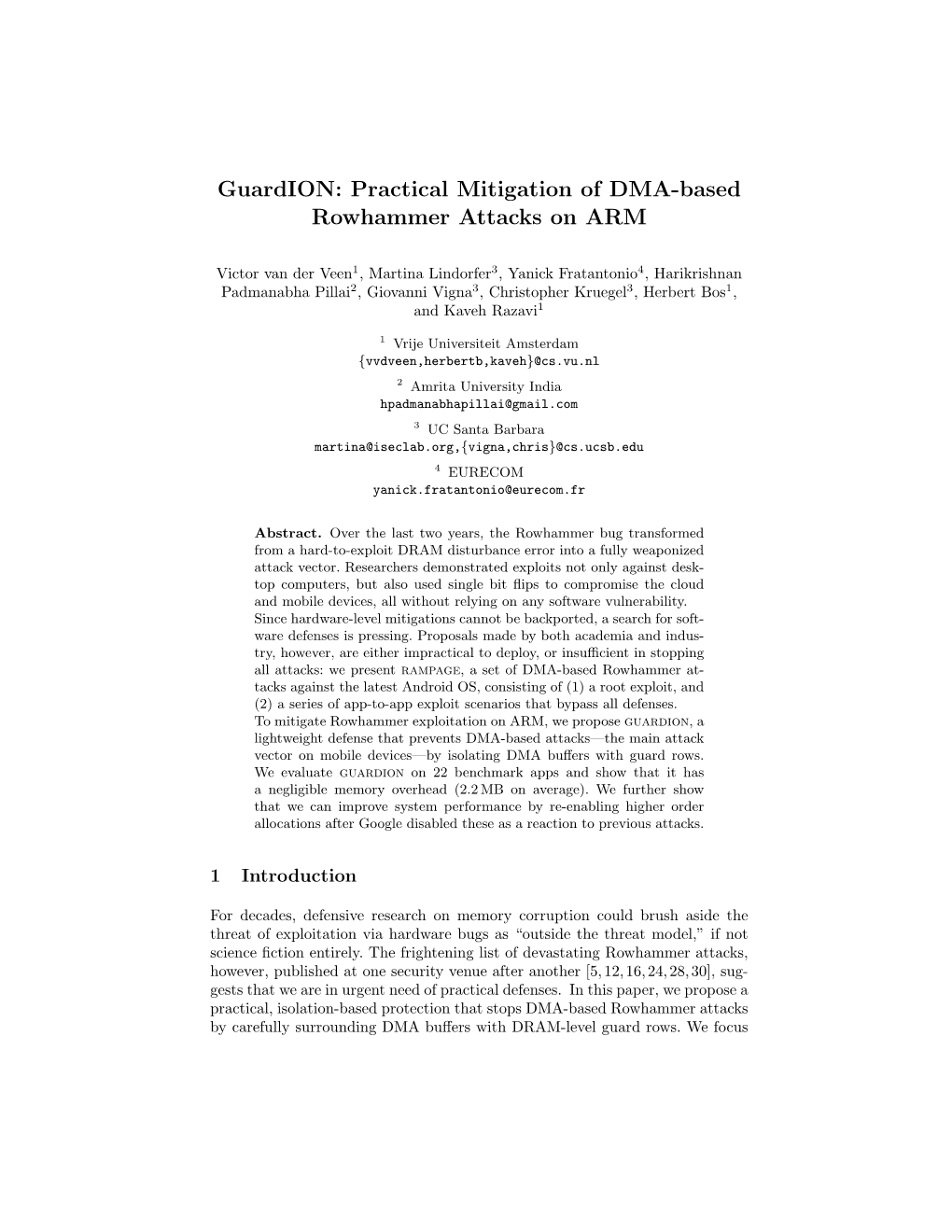 Guardion: Practical Mitigation of DMA-Based Rowhammer Attacks on ARM