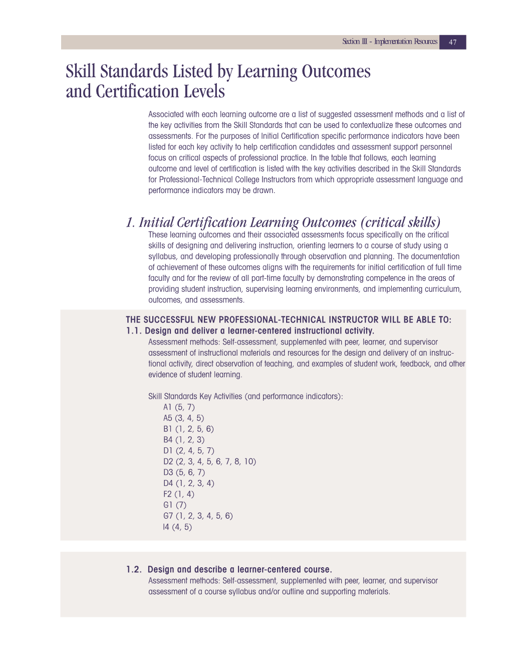 Skill Standards Listed by Learning Outcomes and Certification Levels