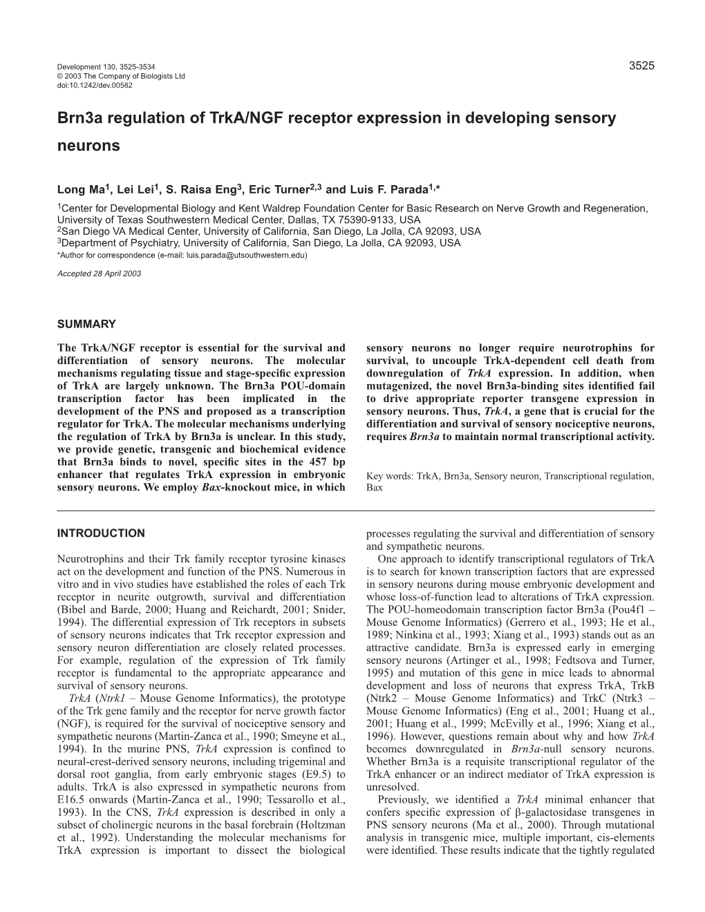 Brn3a Regulation of Trka/NGF Receptor Expression in Developing Sensory Neurons