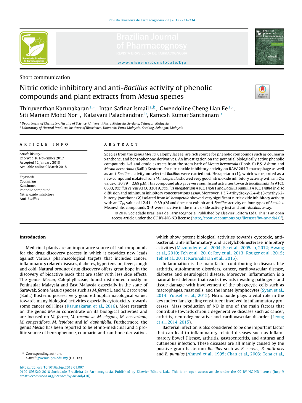 Nitric Oxide Inhibitory and Anti-Bacillus Activity of Phenolic
