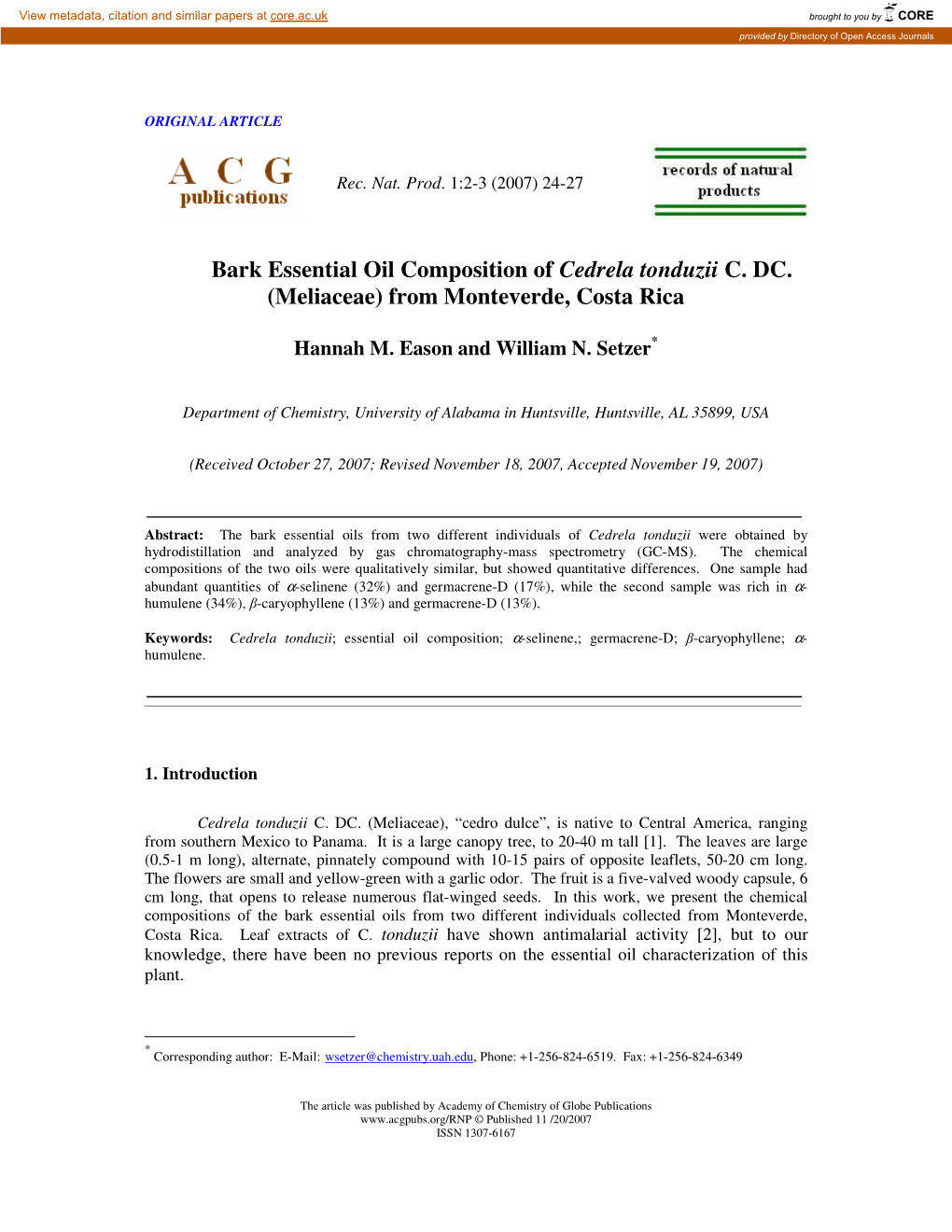 Bark Essential Oil Composition of Cedrela Tonduzii C. DC