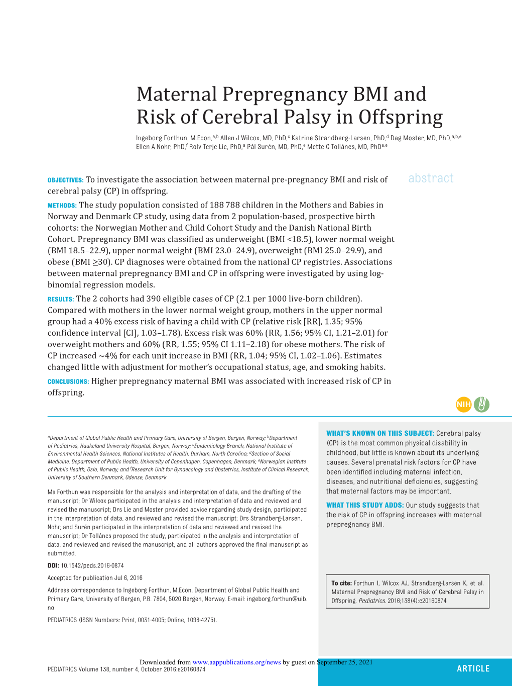 Maternal Prepregnancy BMI and Risk of Cerebral Palsy in Offspring