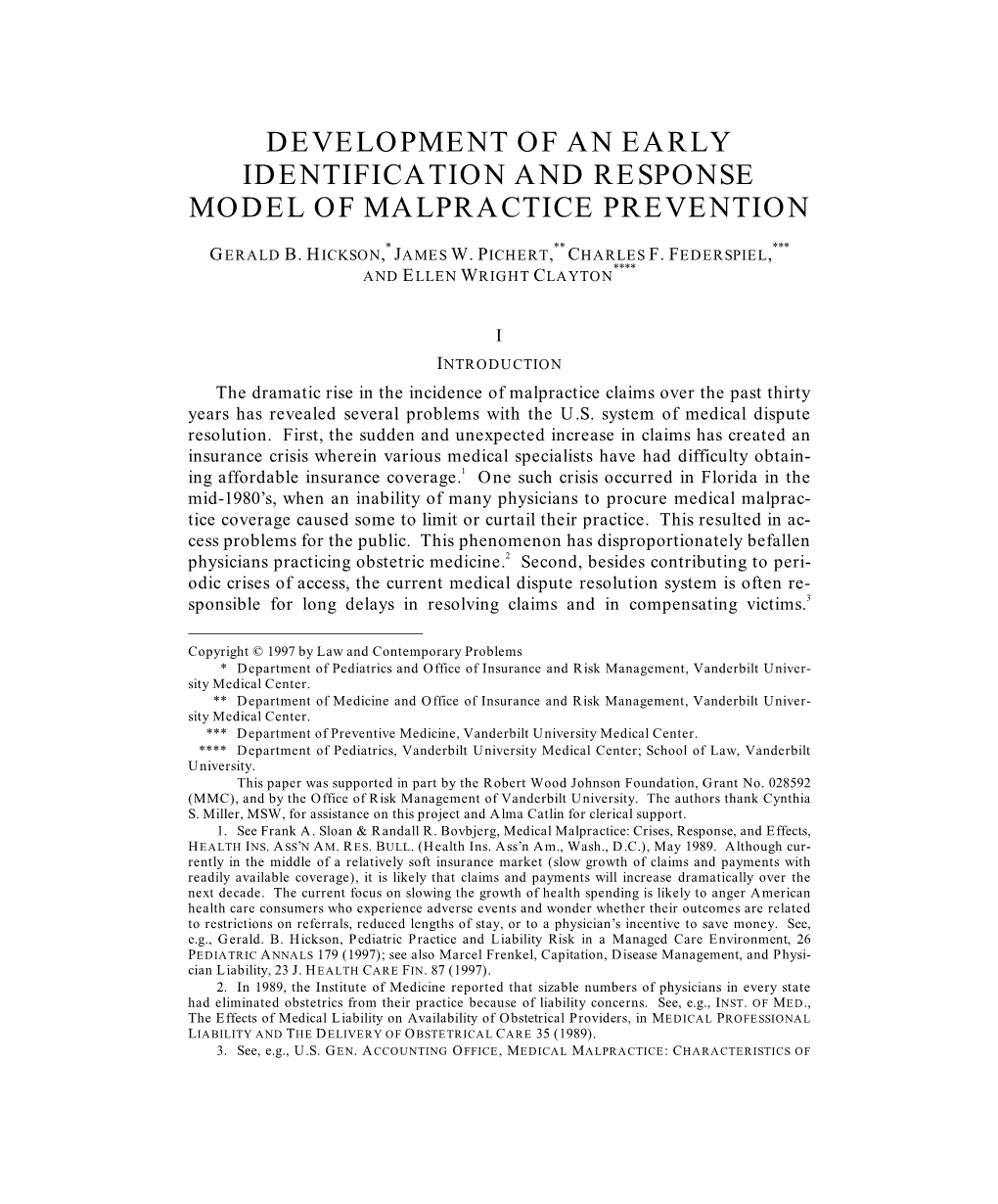 Development of an Early Identification and Response Model of Malpractice Prevention