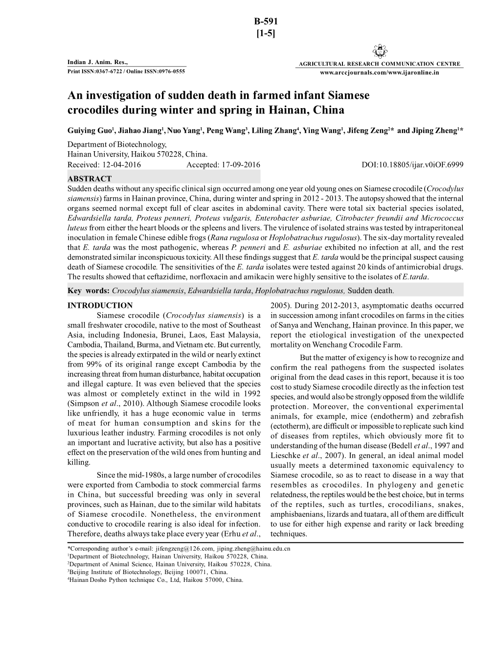 An Investigation of Sudden Death in Farmed Infant Siamese Crocodiles During Winter and Spring in Hainan, China