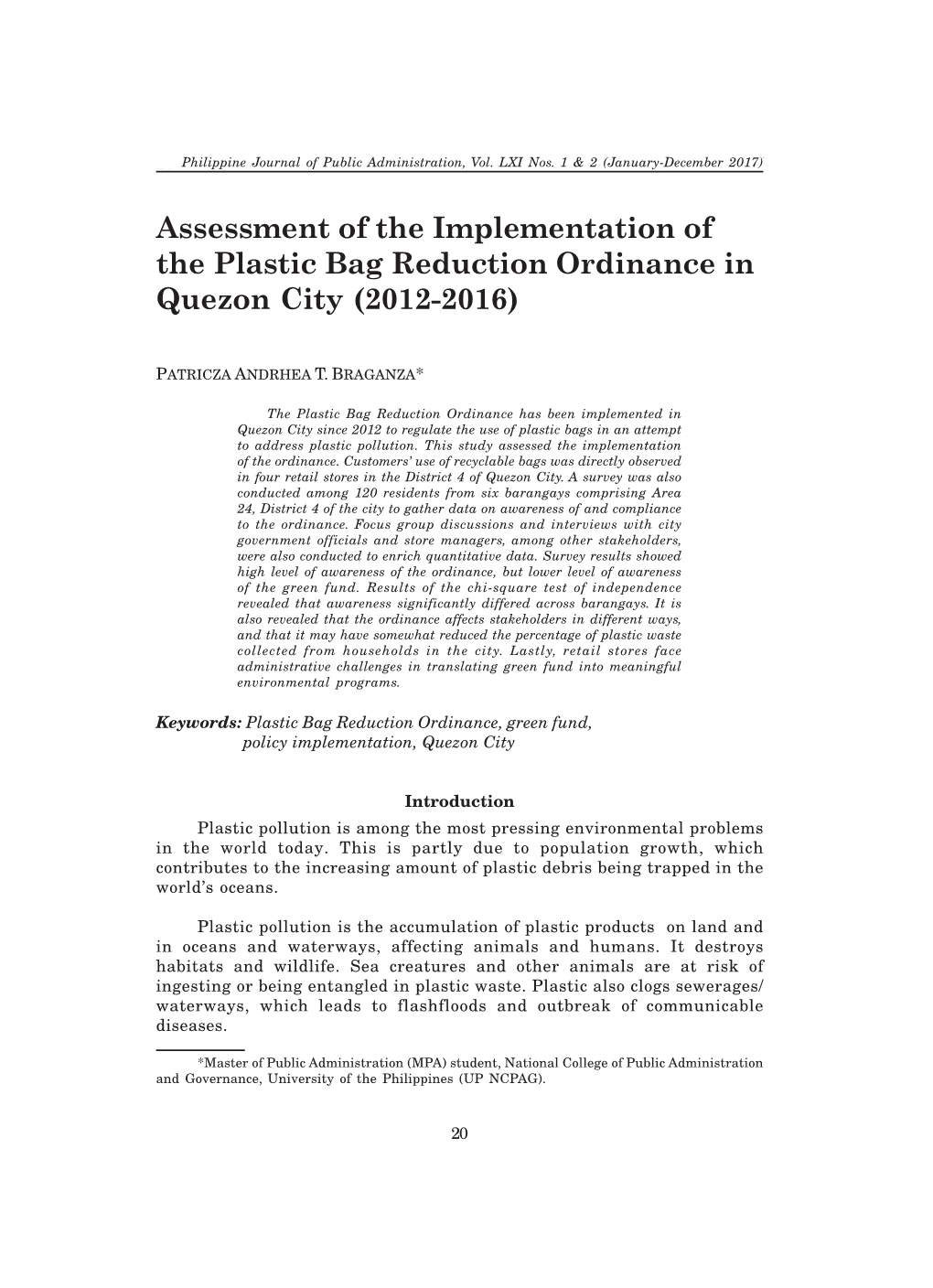 Assessment of the Implementation of the Plastic Bag Reduction Ordinance in Quezon City (2012-2016)