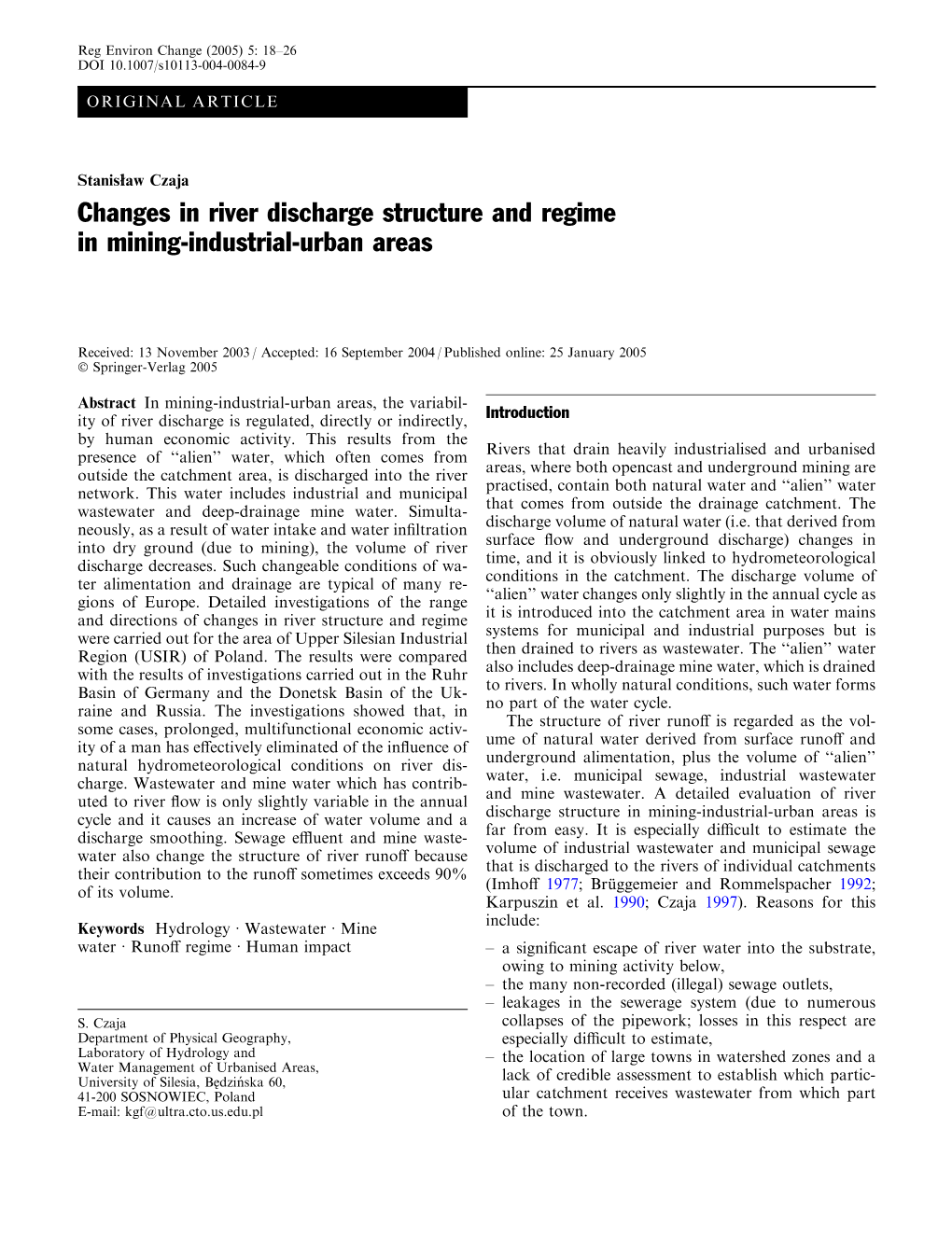 Changes in River Discharge Structure and Regime in Mining-Industrial-Urban Areas