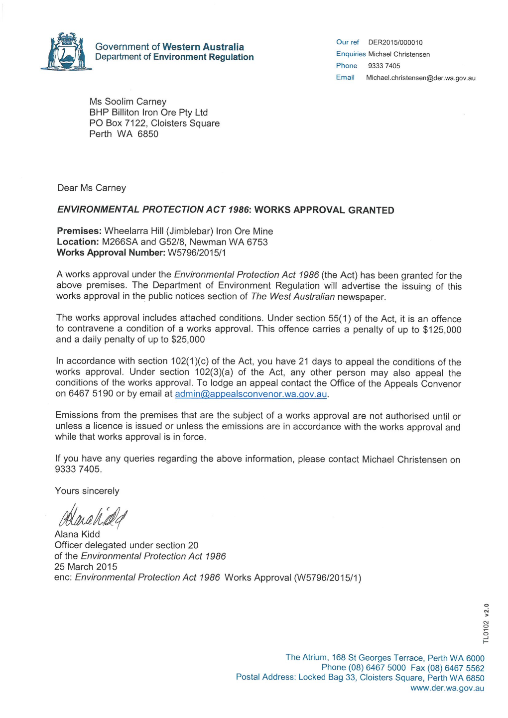 BHP Billiton Iron Ore Pty Ltd Works Approval