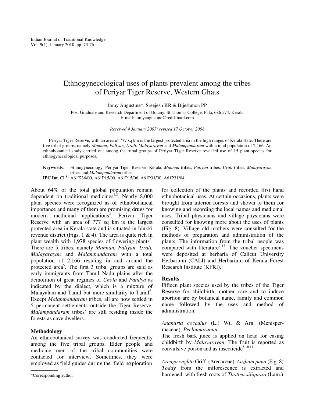 Ethnogynecological Uses of Plants Prevalent Among the Tribes of Periyar Tiger Reserve, Western Ghats