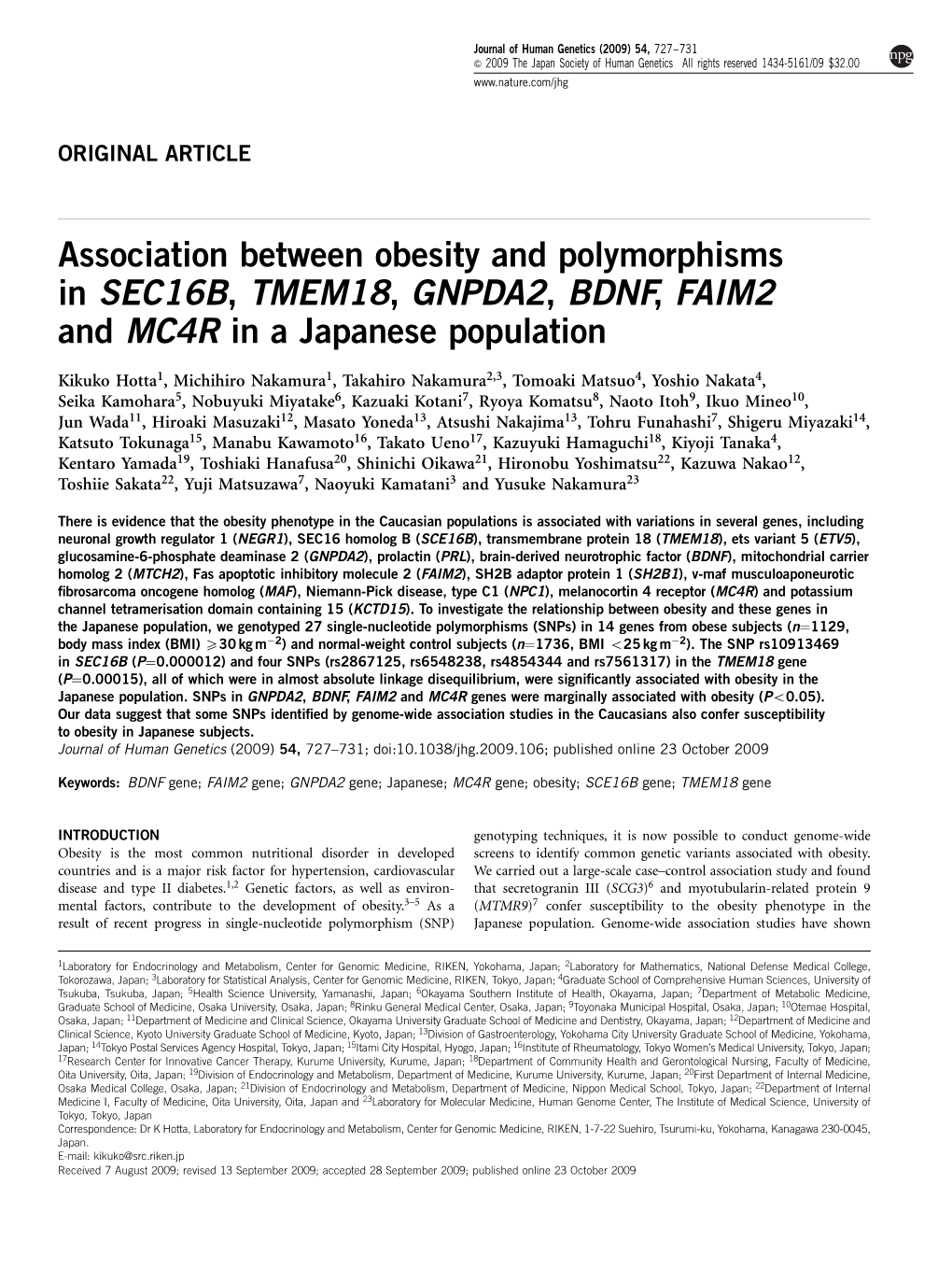 Association Between Obesity and Polymorphisms in SEC16B, TMEM18, GNPDA2, BDNF, FAIM2 and MC4R in a Japanese Population