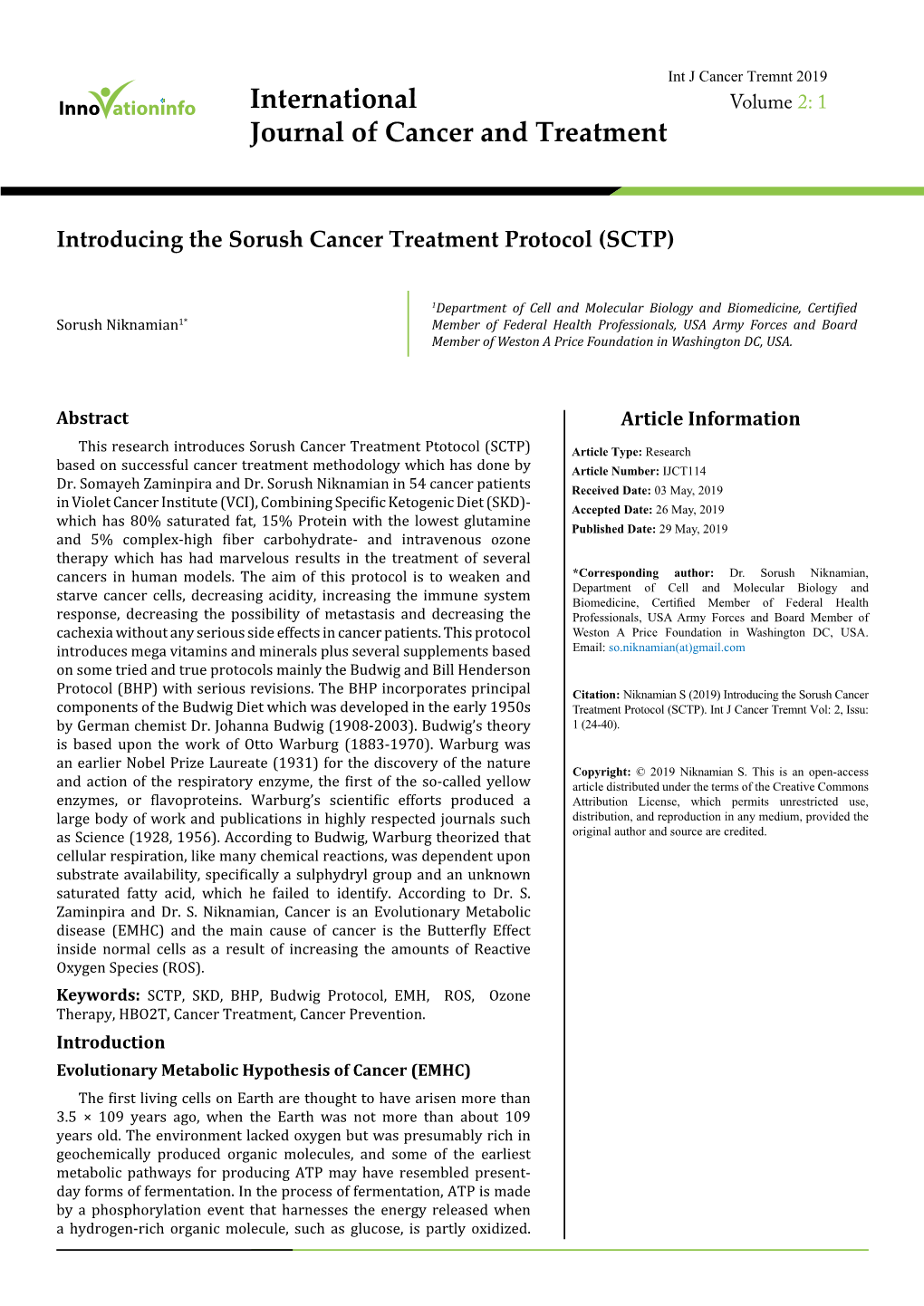 Introducing the Sorush Cancer Treatment Protocol (SCTP)