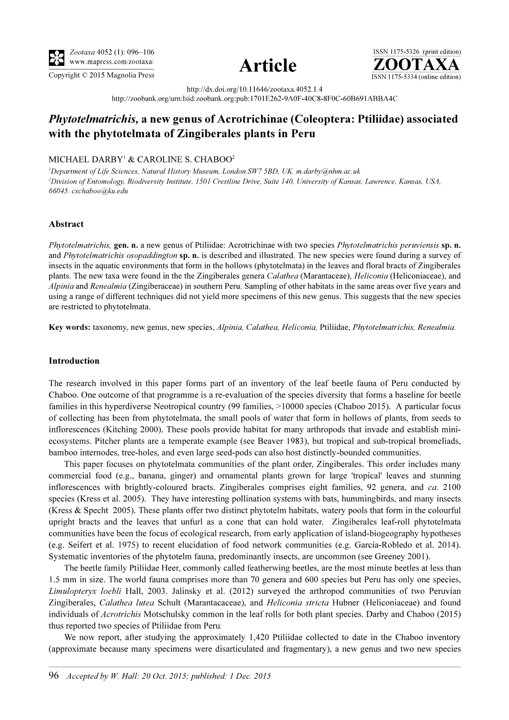 (Coleoptera: Ptiliidae) Associated with the Phytotelmata of Zingiberales Plants in Peru