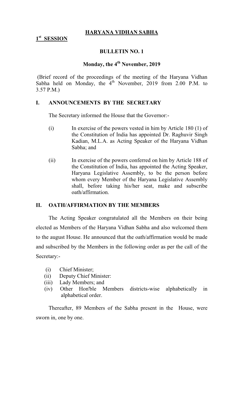 Haryana Vidhan Sabha 1 Session Bulletin No. 1