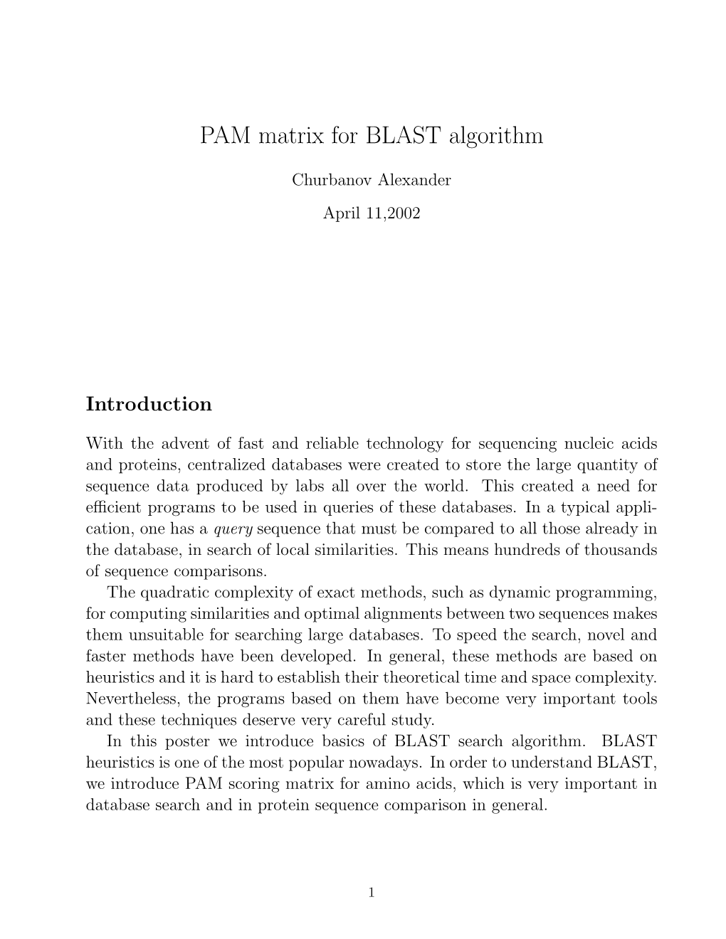 PAM Matrix for BLAST Algorithm