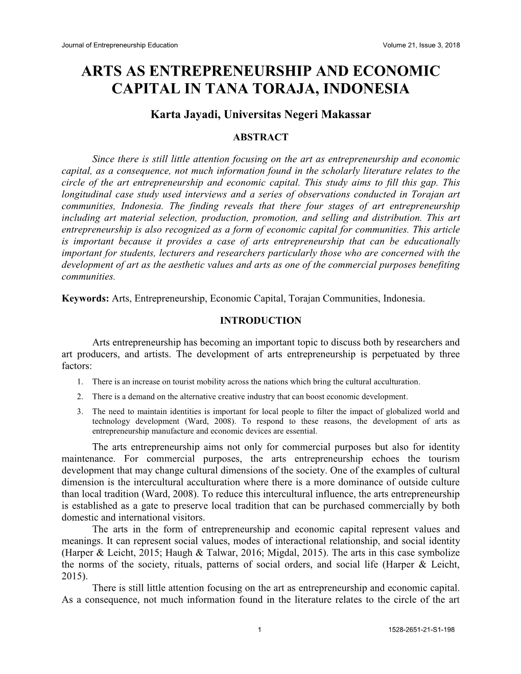 Arts As Entrepreneurship and Economic Capital in Tana Toraja, Indonesia