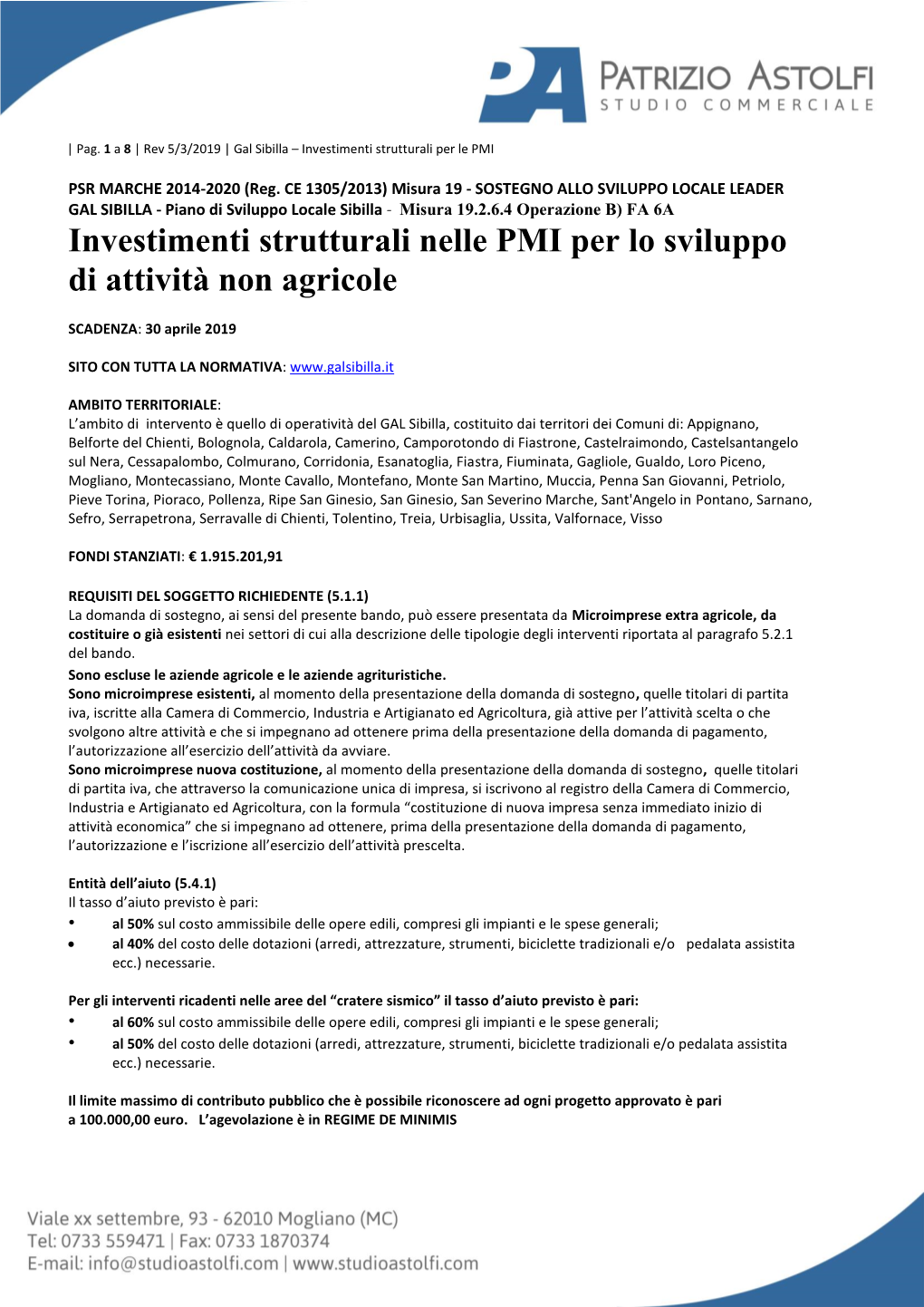 Investimenti Strutturali Nelle PMI Per Lo Sviluppo Di Attività Non Agricole