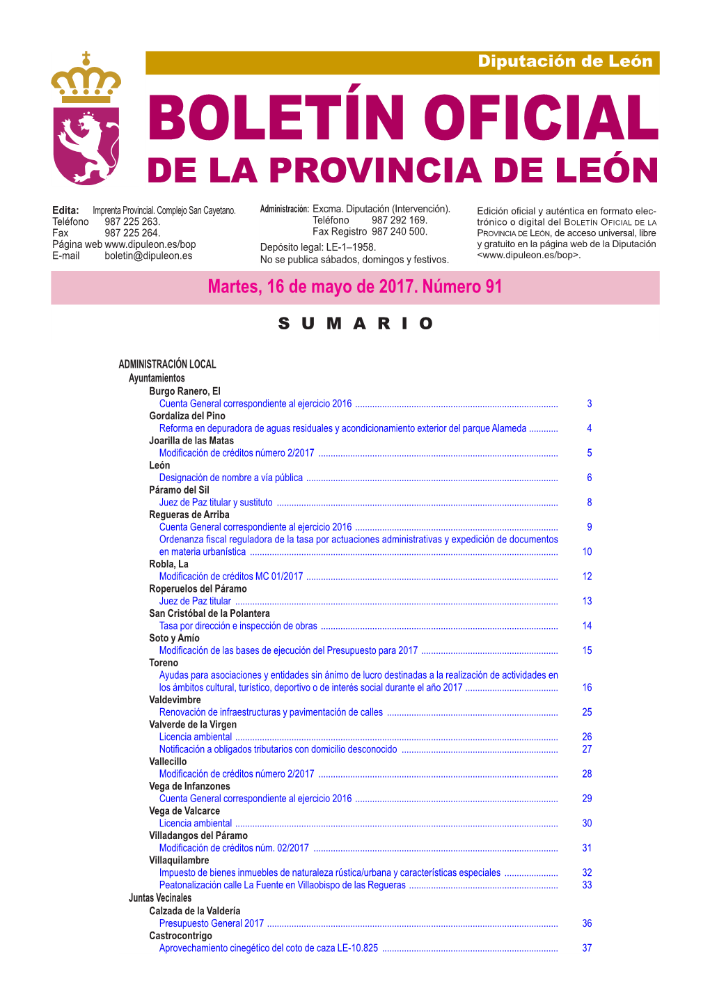 BOLETÍN OFICIAL DE LA PROVINCIA DE LEÓN Edita: Imprenta Provincial