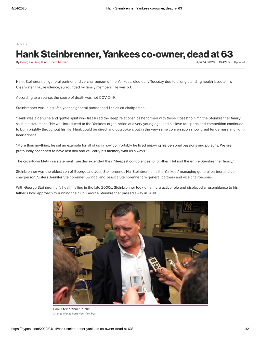 Hank Steinbrenner, Yankees Co-Owner, Dead at 63