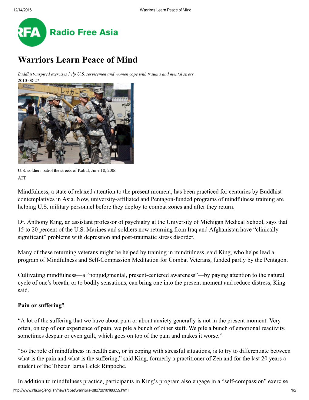 Warriors Learn Peace of Mind
