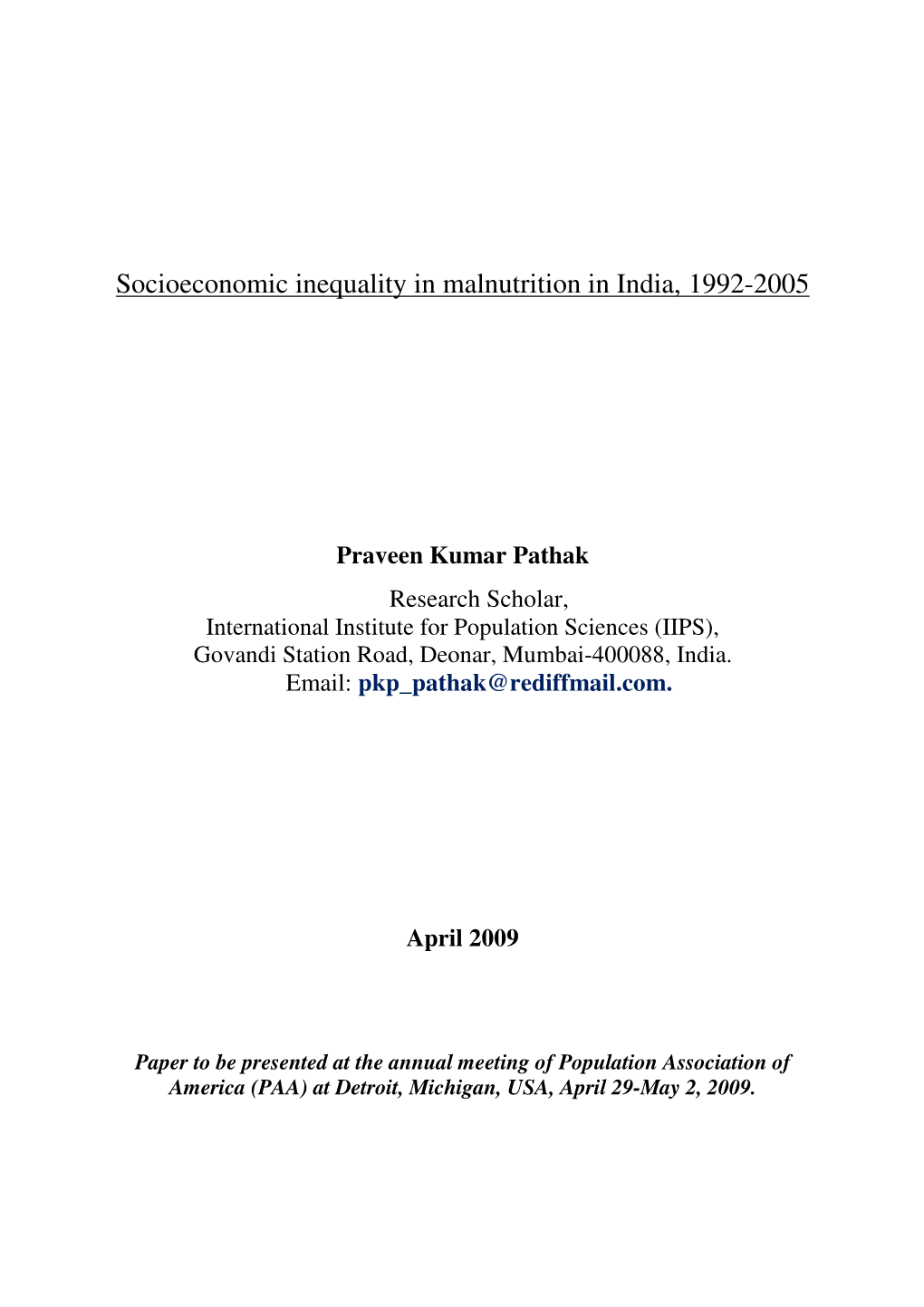 Socioeconomic Inequality in Malnutrition in India, 1992-2005