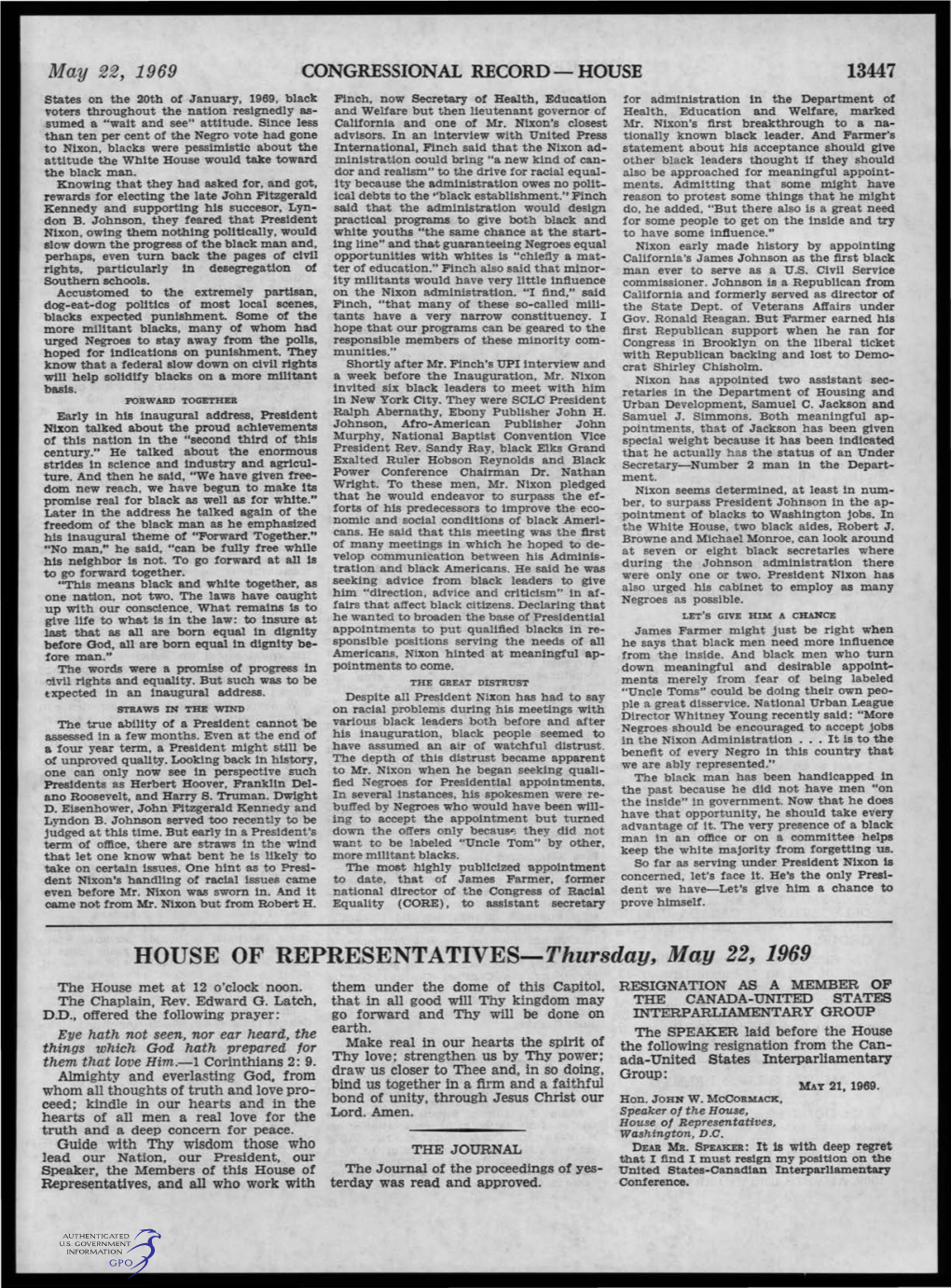 HOUSE of REPRESENTATIVES-Thursday, May 22, 1969 the House Met at 12 O'clock Noon