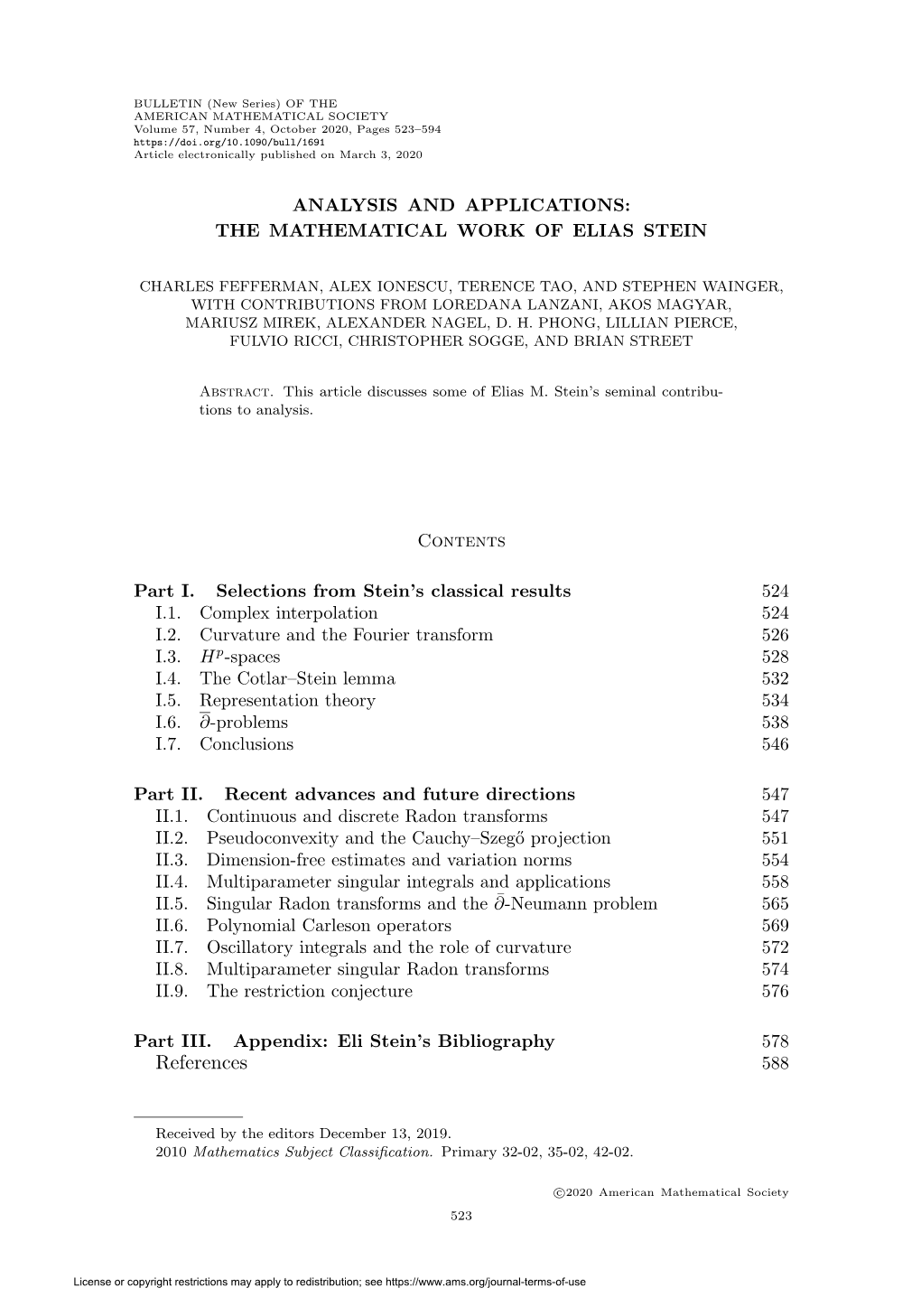Analysis and Applications: the Mathematical Work of Elias Stein