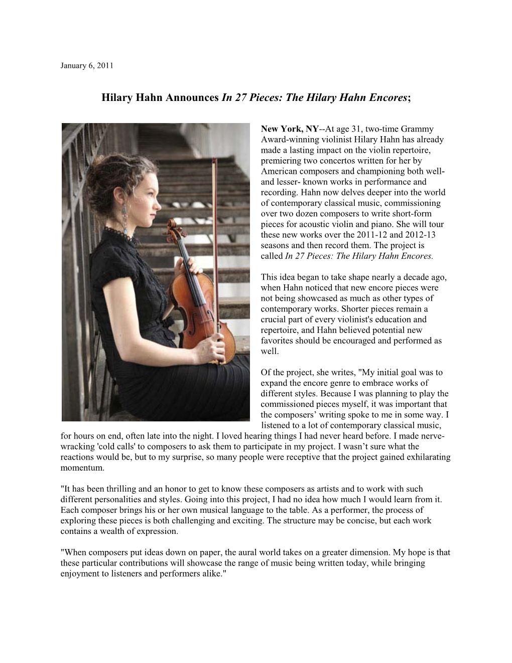 Hilary Hahn Announces in 27 Pieces: the Hilary Hahn Encores;