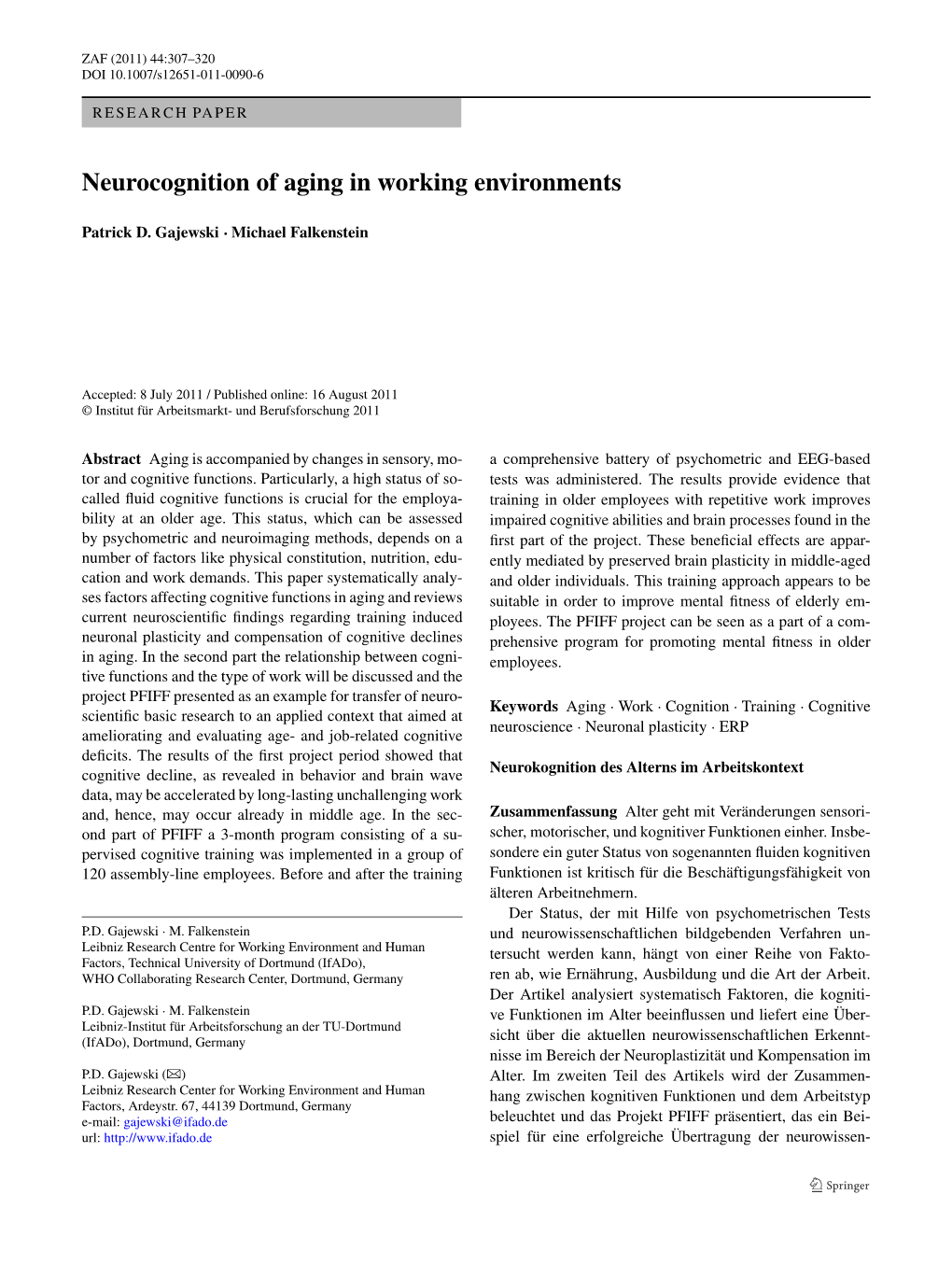 Neurocognition of Aging in Working Environments