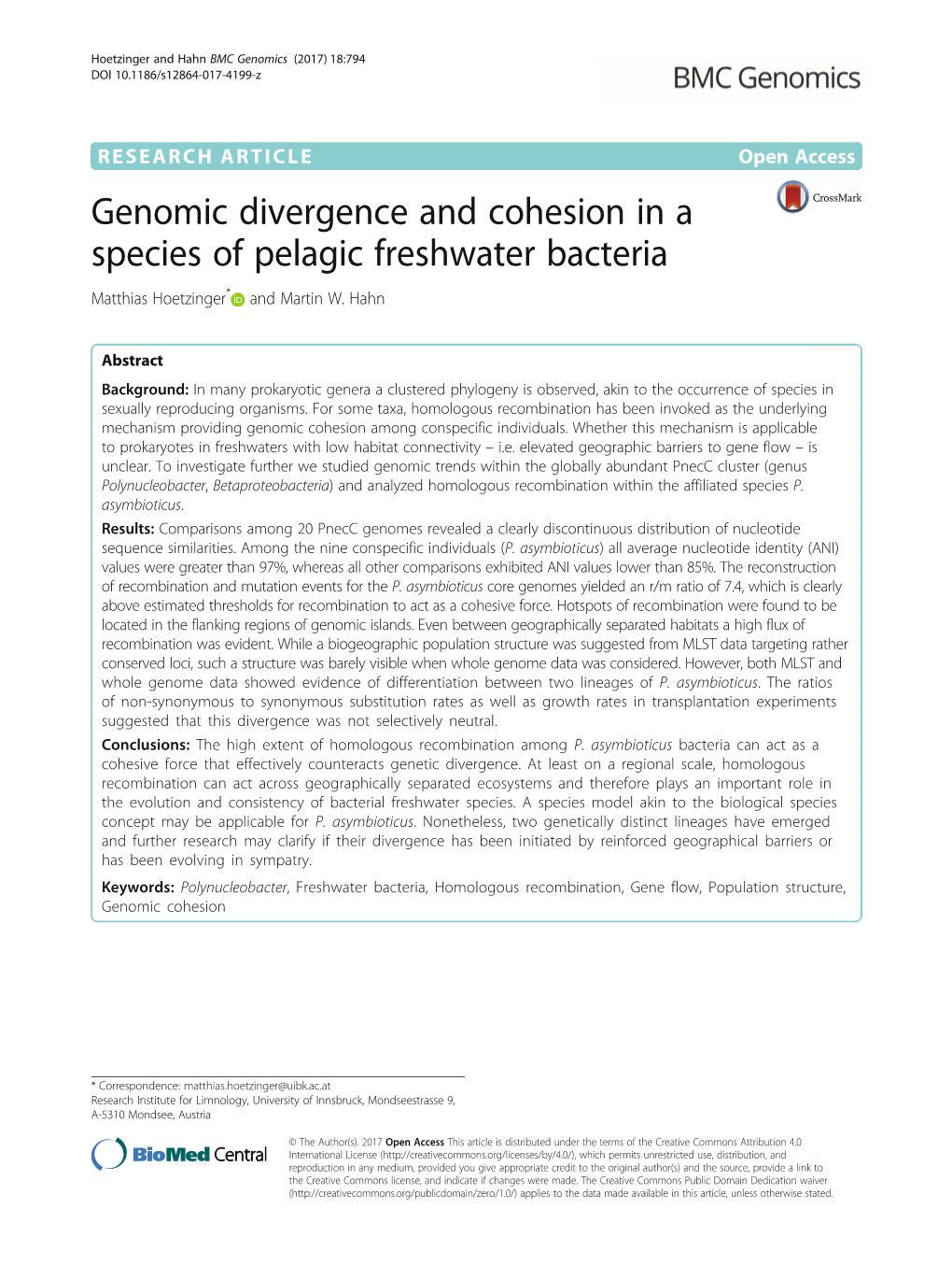 Genomic Divergence and Cohesion in a Species of Pelagic Freshwater Bacteria Matthias Hoetzinger* and Martin W
