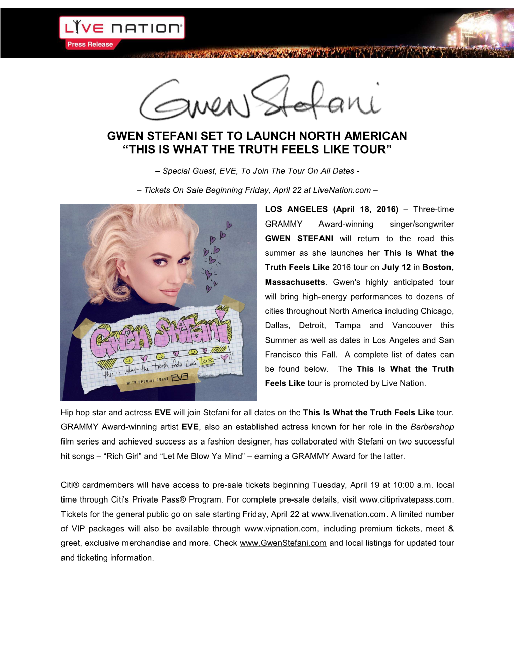 Gwen Stefani Announces North American Tour with Special Guest