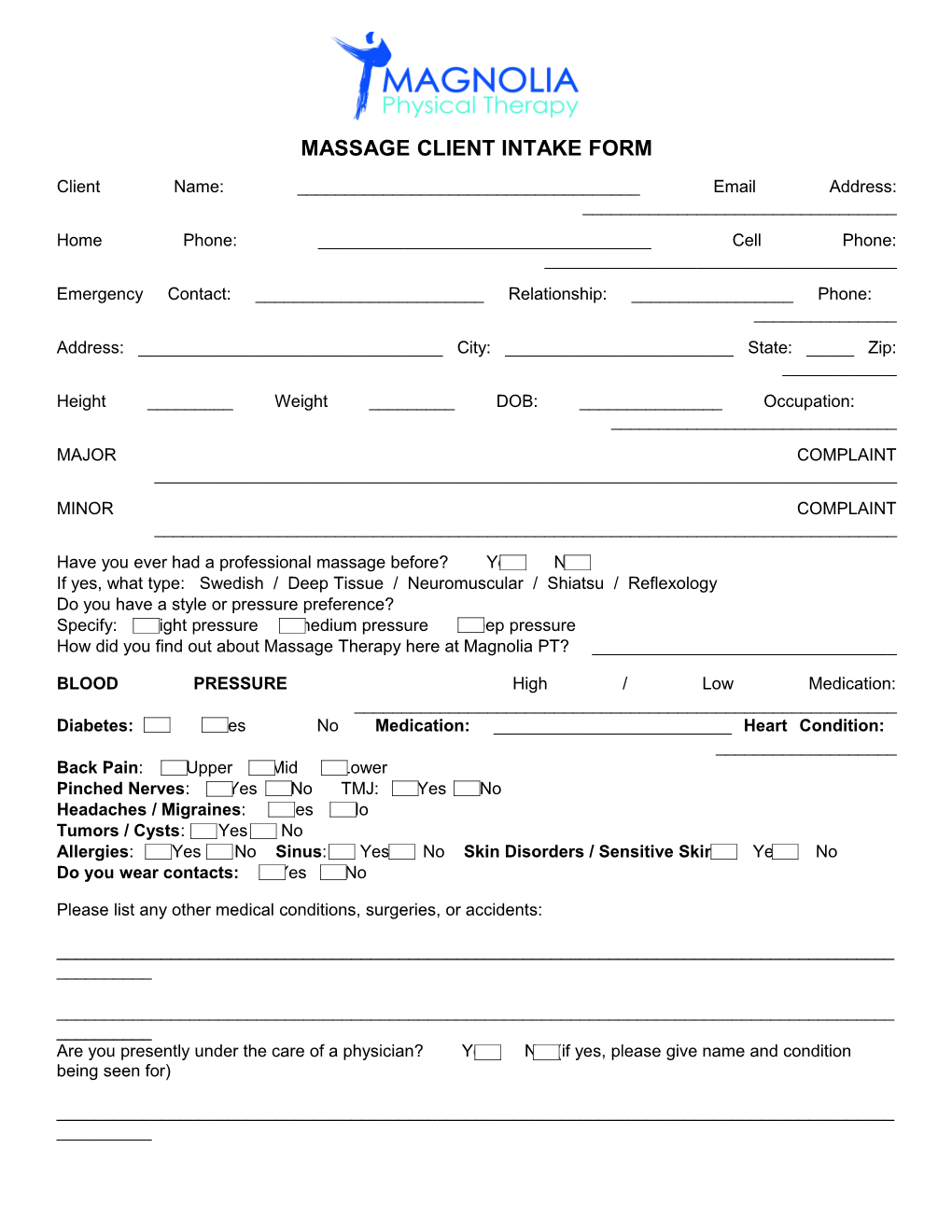 Massage Client Intake Form