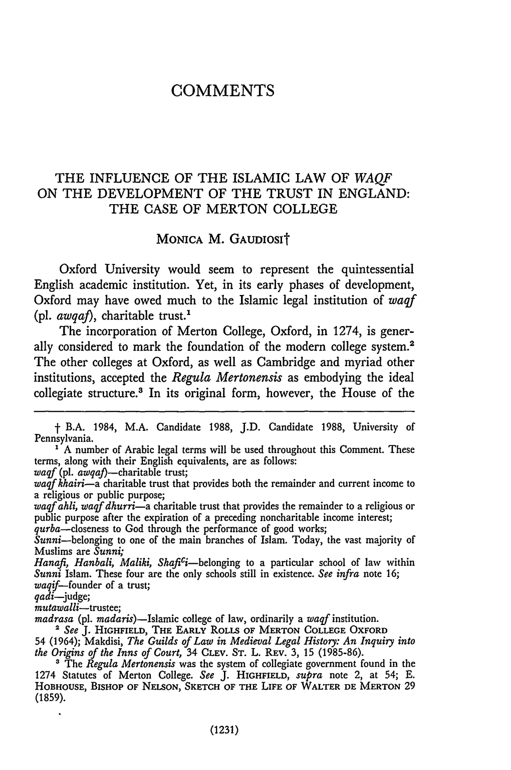 Influence of the Islamic Law of Waqf on the Development of the Trust in England: the Case of Merton College