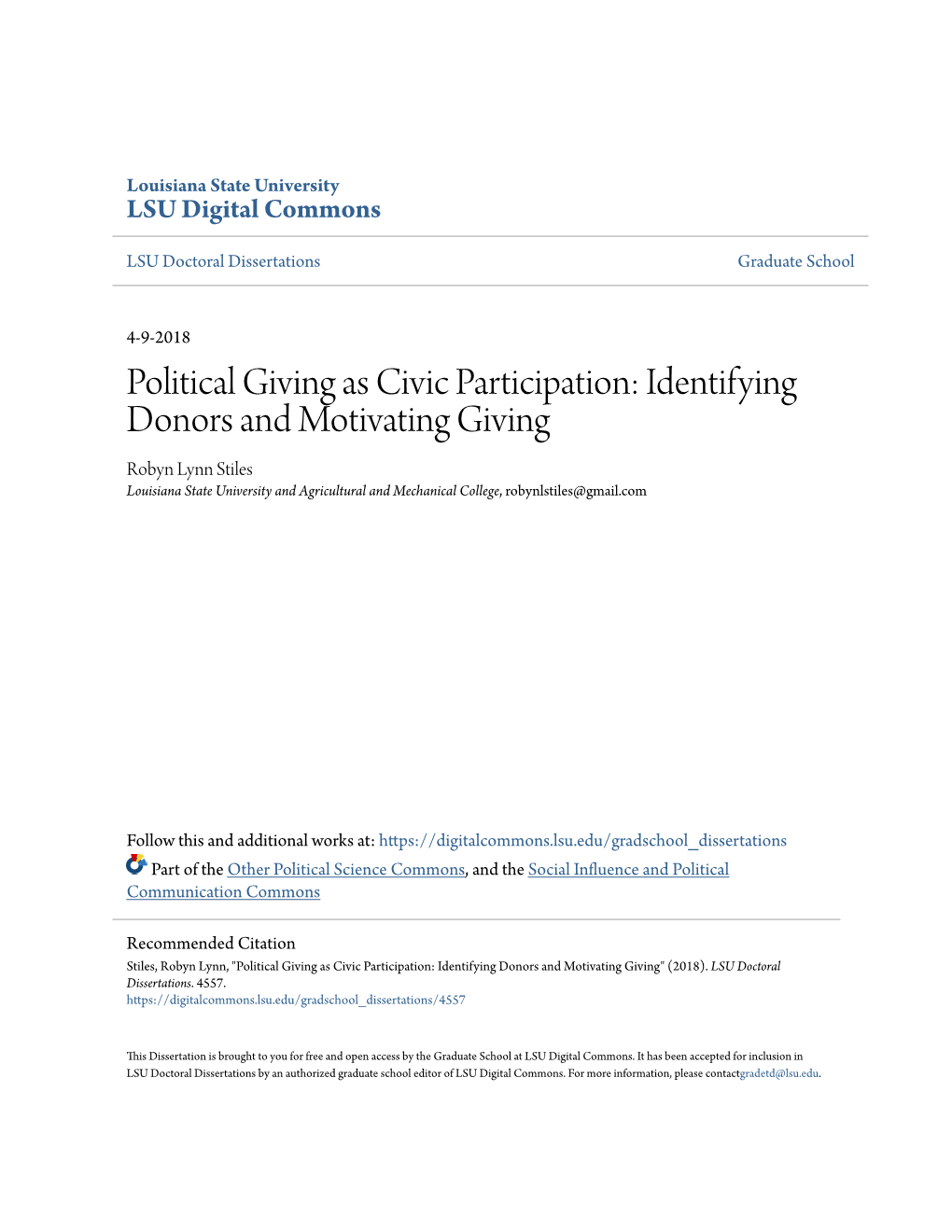 Political Giving As Civic Participation