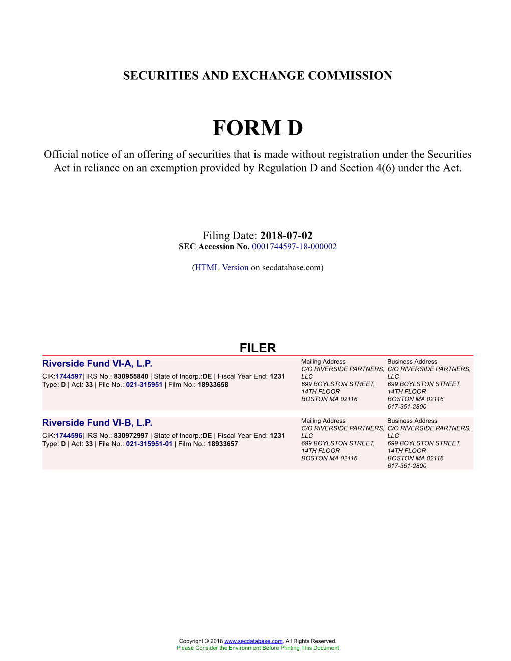 Riverside Fund VI-A, L.P. Form D Filed 2018-07-02