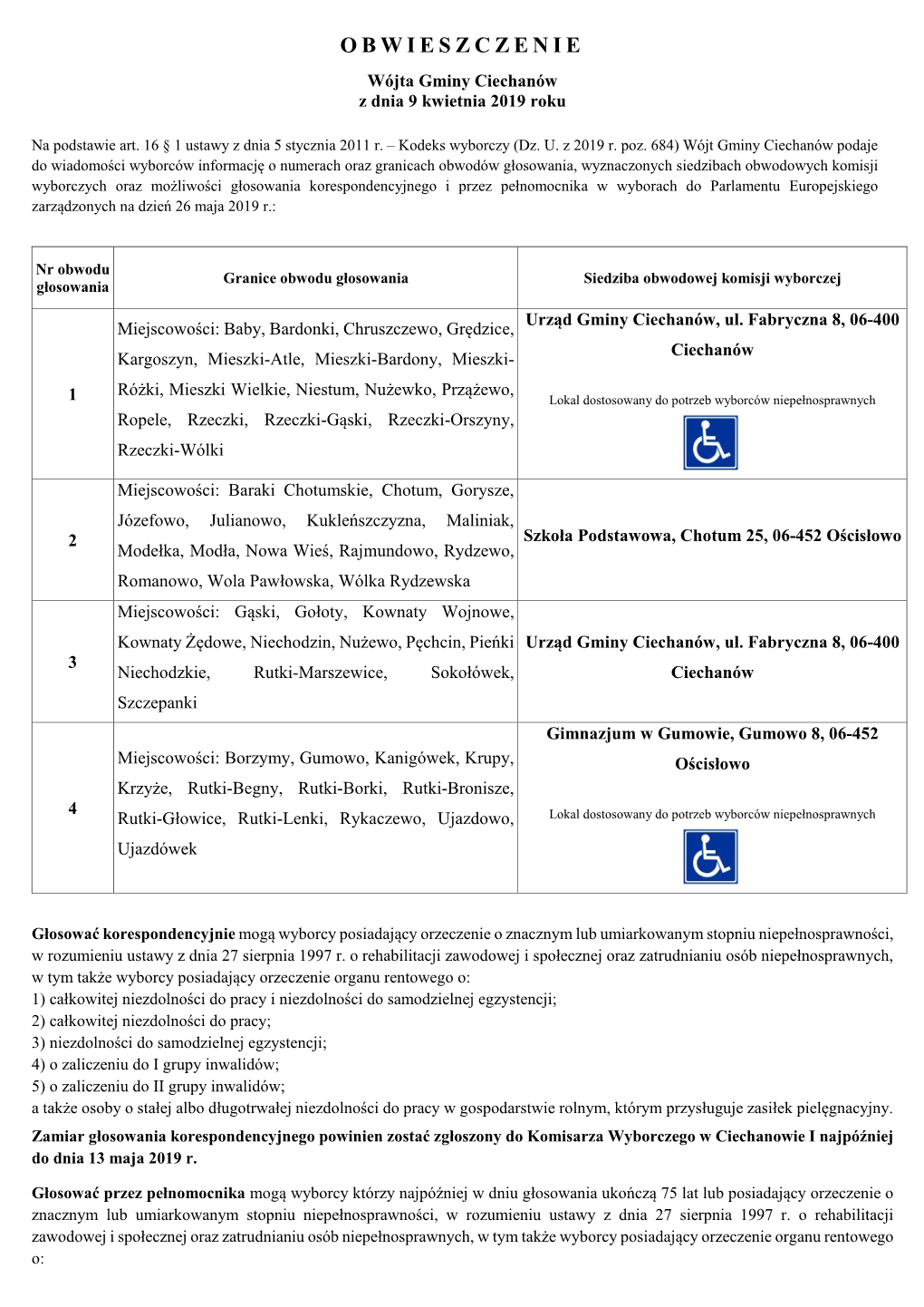 Obwieszczenie O Numerach Oraz Granicach Obwodów Głosowania