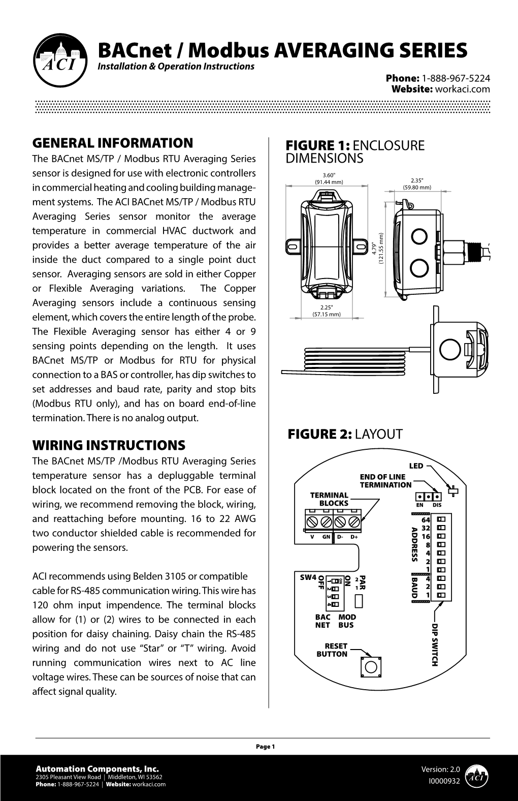Bacnet / Modbus AVERAGING SERIES • Remove Power Before Wiring