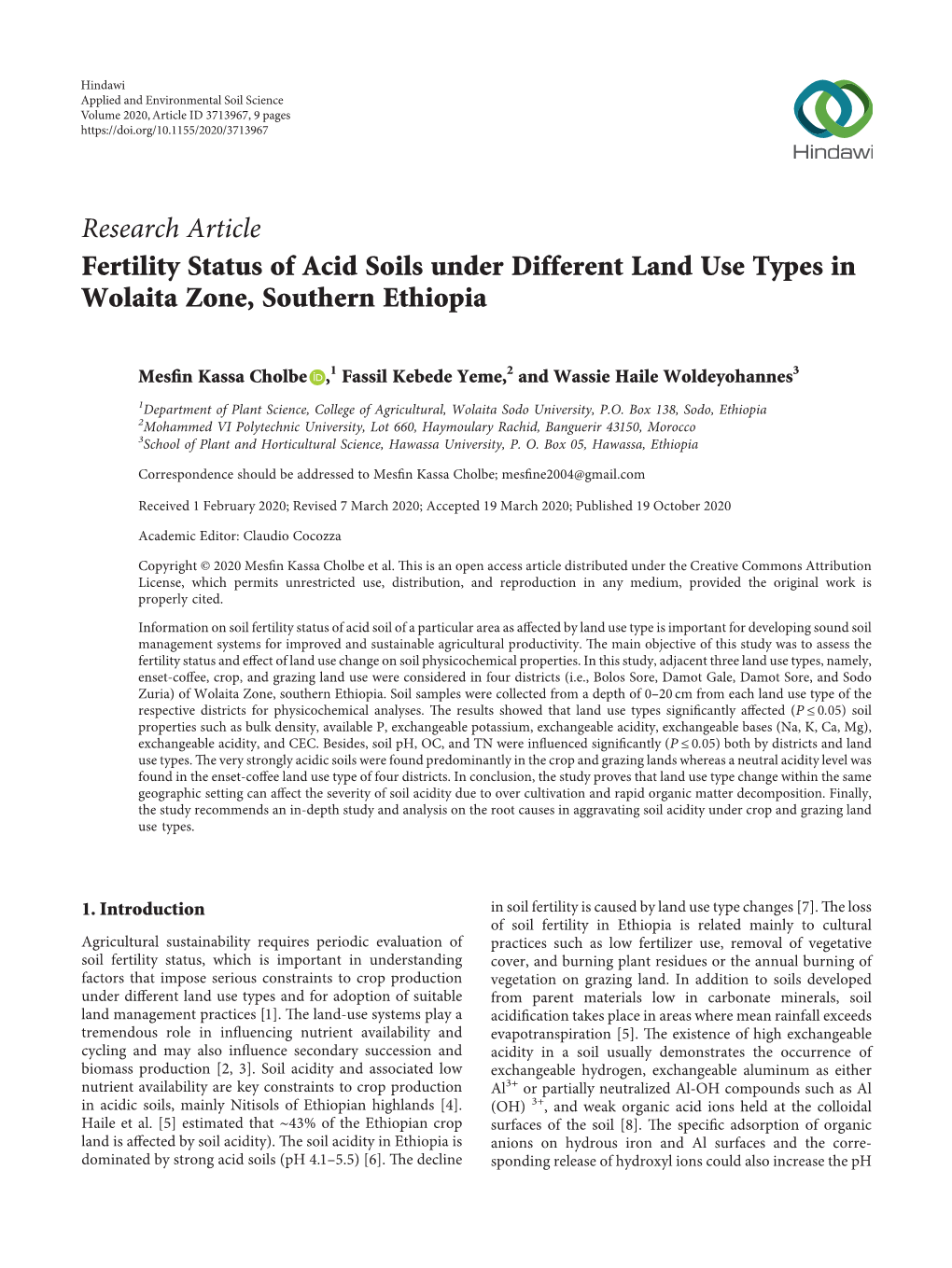 Fertility Status of Acid Soils Under Different Land Use Types in Wolaita Zone, Southern Ethiopia