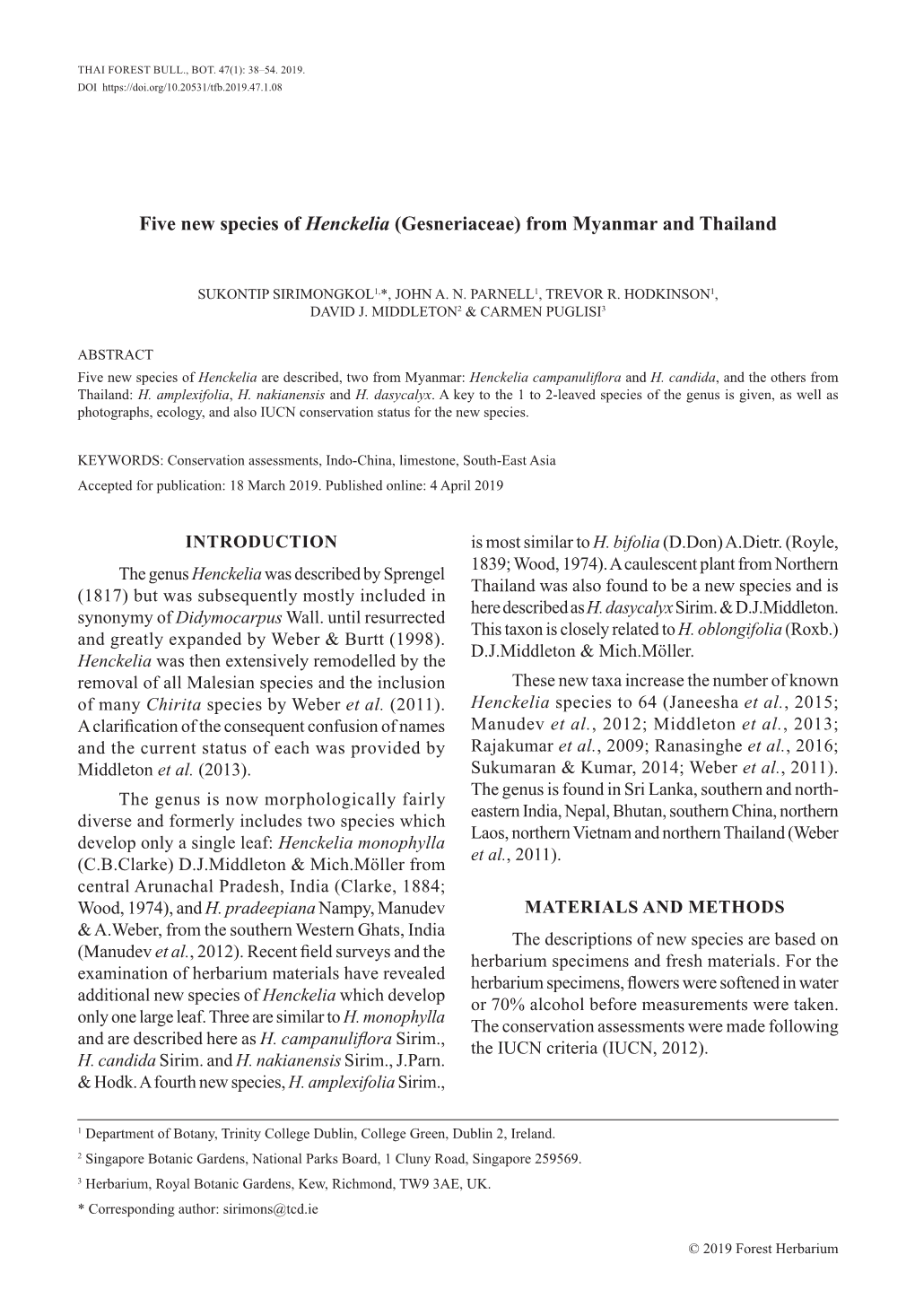 Five New Species of Henckelia (Gesneriaceae) from Myanmar and Thailand