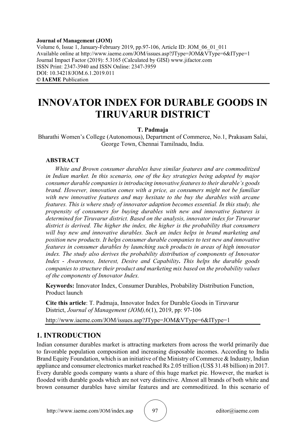 Innovator Index for Durable Goods in Tiruvarur District
