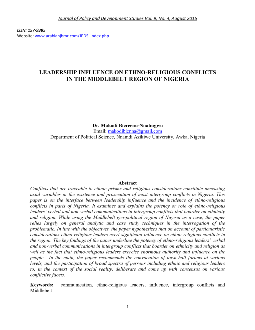 Leadership Influence on Ethno-Religious Conflicts in the Middlebelt Region of Nigeria