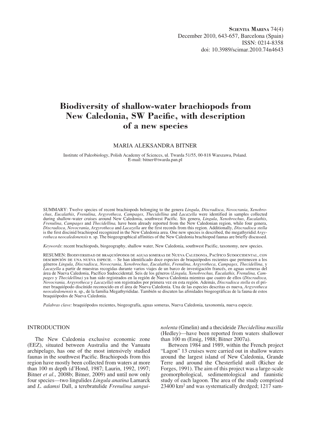 Biodiversity of Shallow-Water Brachiopods from New Caledonia, SW Pacific, with Description of a New Species