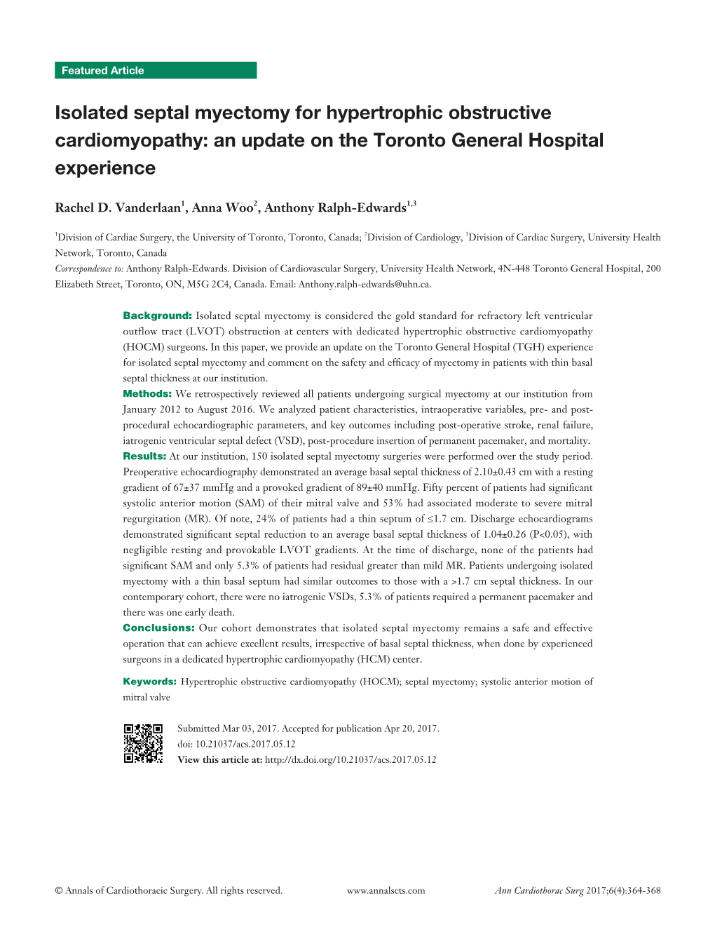 Isolated Septal Myectomy for Hypertrophic Obstructive Cardiomyopathy: an Update on the Toronto General Hospital Experience