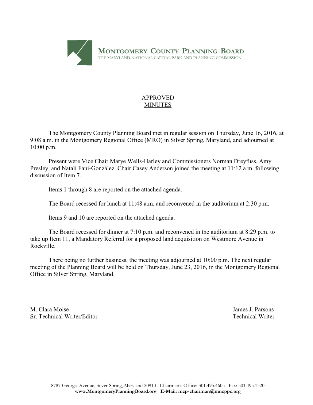 APPROVED MINUTES the Montgomery County Planning