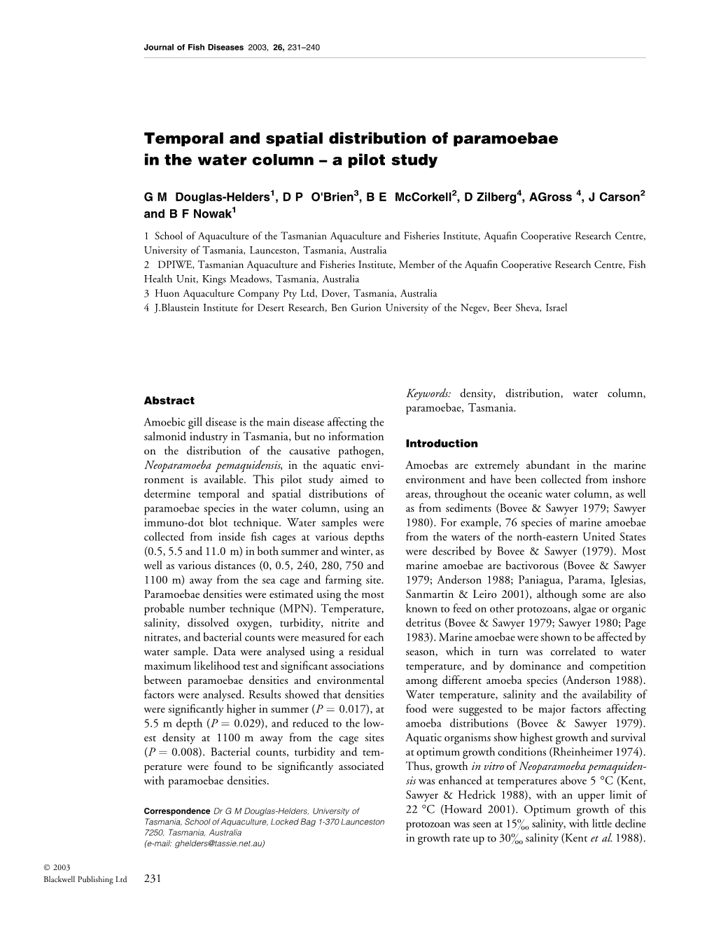 Temporal and Spatial Distribution of Paramoebae in the Water Column – a Pilot Study