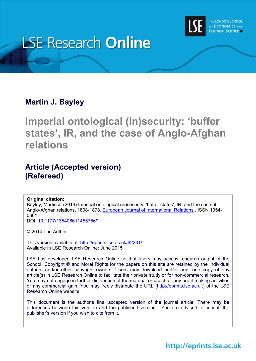 Imperial Ontological (In)Security: ‘Buffer States’, IR, and the Case of Anglo-Afghan Relations