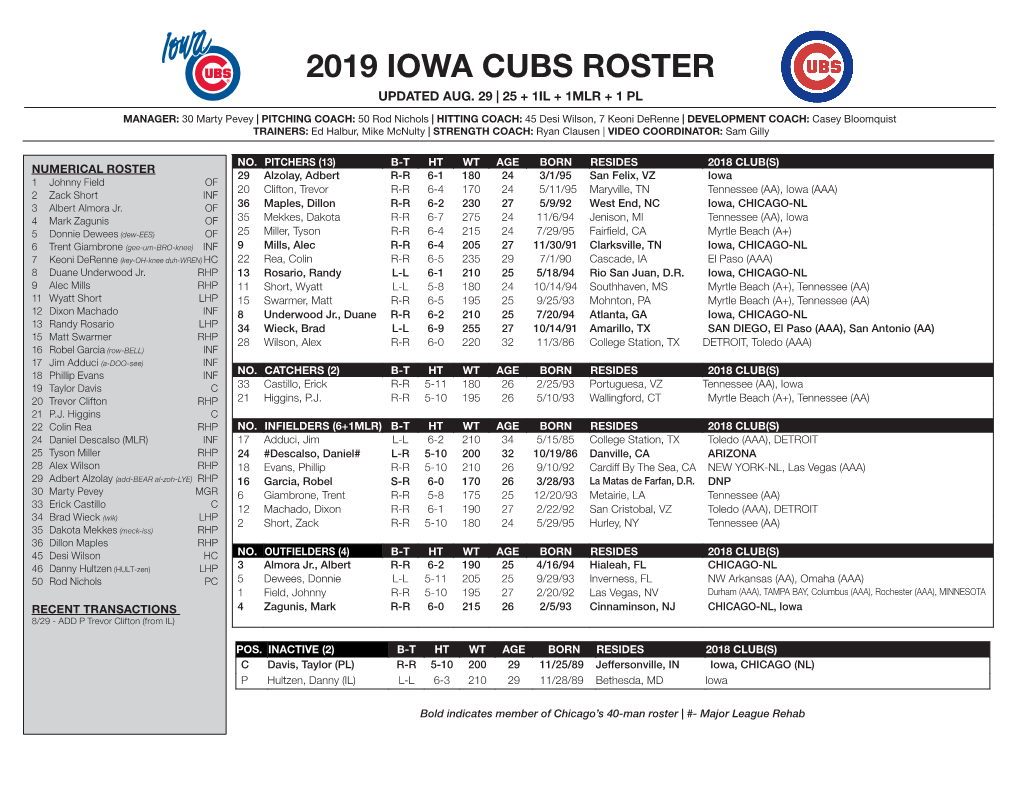 2019 Iowa Cubs Roster Updated Aug